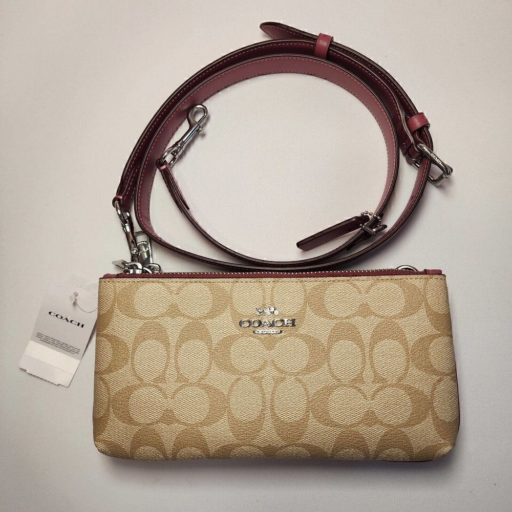 NWT Coach CJ790 Signature Double Zip Crossbody Handbag Light Khaki Raspberry